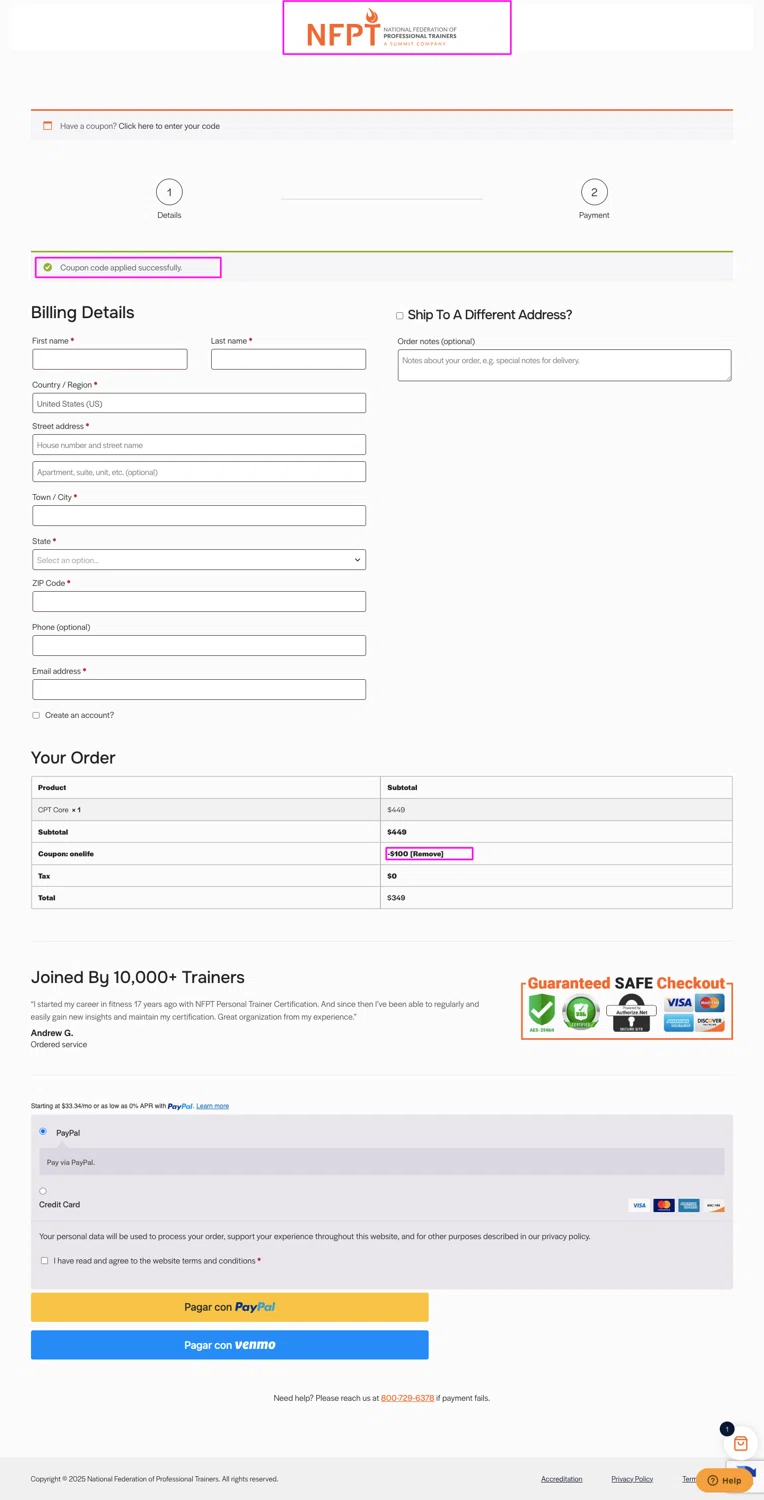 NFPT promo code screenshot showing code ONELIFE applied at NFPT checkout page. Uploaded by SimplyCodes community member mrdarcy on May 12, 2026