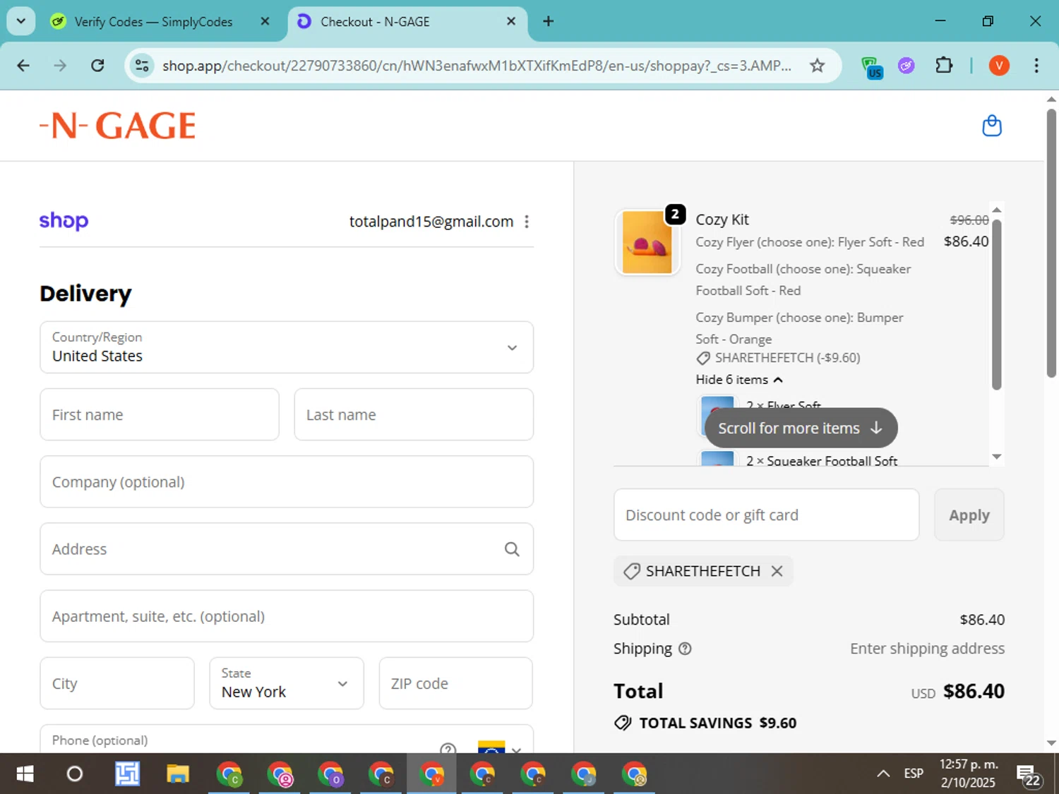 N-GAGE Brand promo code screenshot showing code SHARETHEFETCH applied at N-GAGE Brand checkout page. Uploaded by SimplyCodes community member CodeMonarch8148 on Oct 2, 2025
