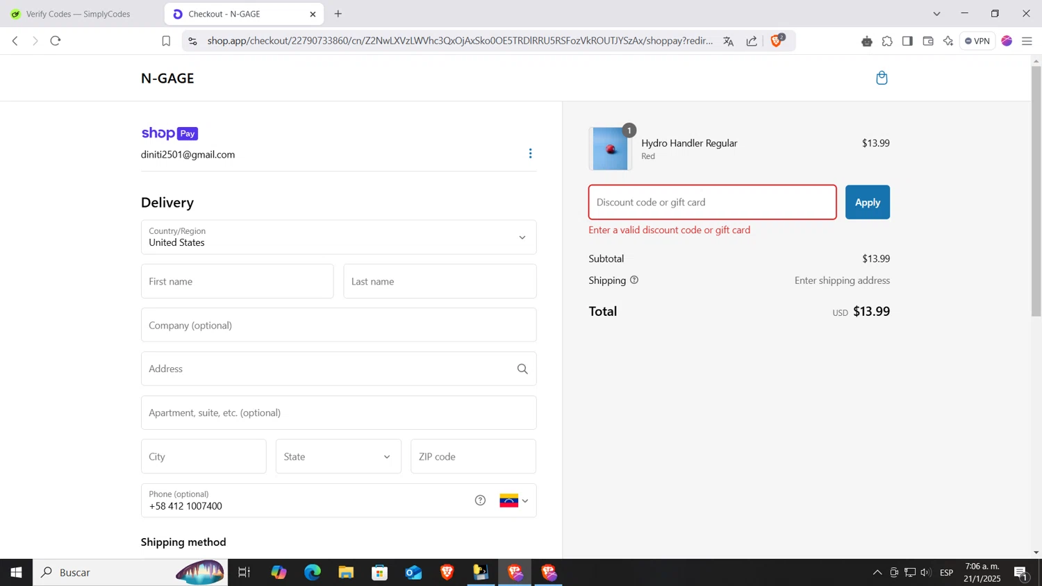 N-GAGE Brand promo code screenshot showing code TY2024 applied at N-GAGE Brand checkout page. Uploaded by SimplyCodes community member AnthonyGTX on Jan 21, 2025