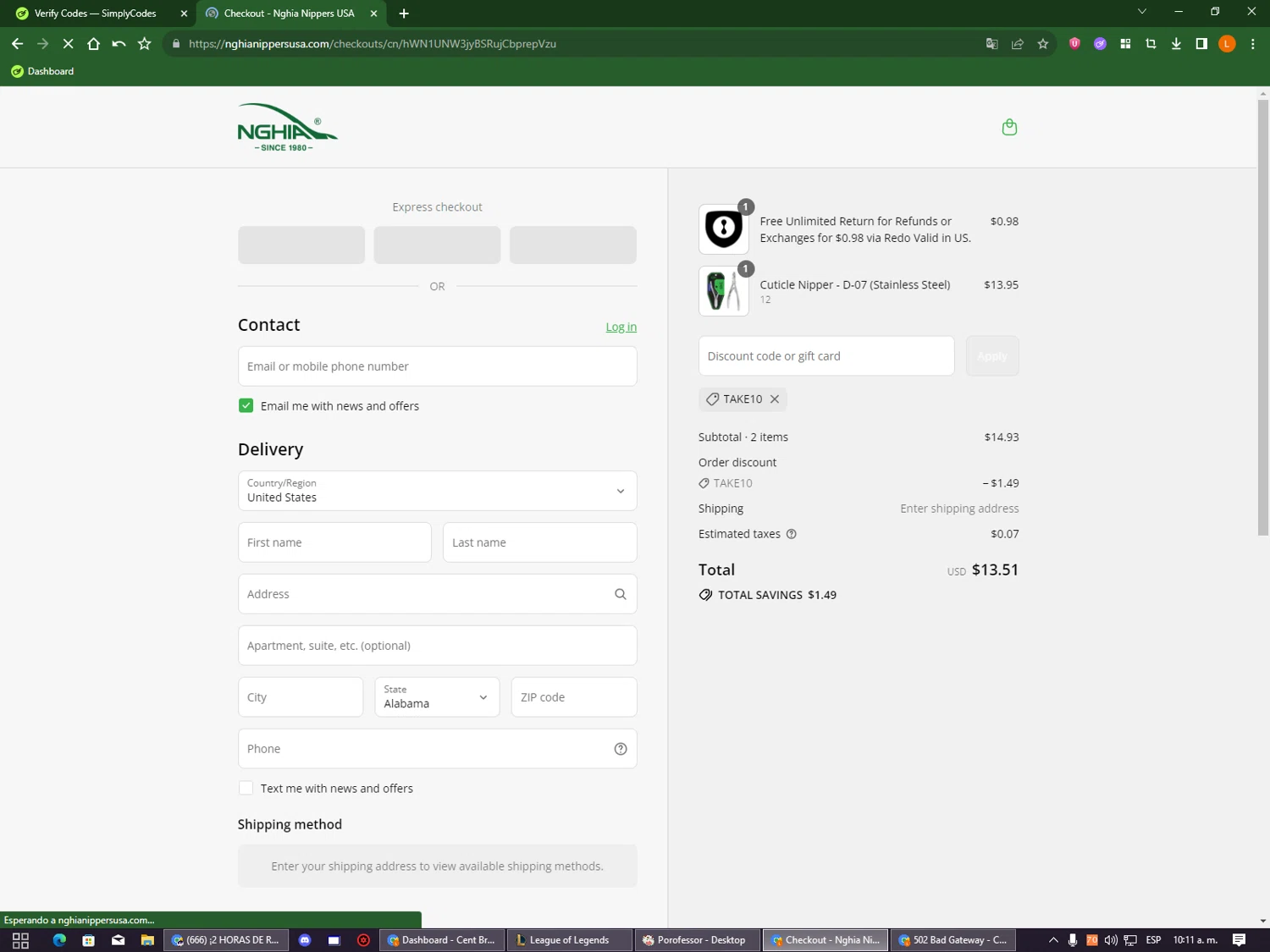 Nghia Nippers USA promo code screenshot showing code TAKE10 applied at Nghia Nippers USA checkout page. Uploaded by SimplyCodes community member DealOwl9228 on Aug 6, 2025