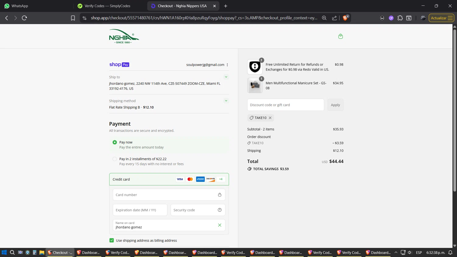 Nghia Nippers USA promo code screenshot showing code TAKE10 applied at Nghia Nippers USA checkout page. Uploaded by SimplyCodes community member SimplyGOAT on Jul 28, 2025