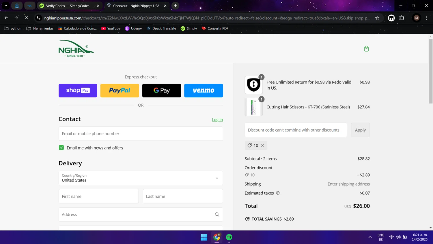 Nghia Nippers USA promo code screenshot showing code 10 applied at Nghia Nippers USA checkout page. Uploaded by SimplyCodes community member Maocar on Feb 14, 2025