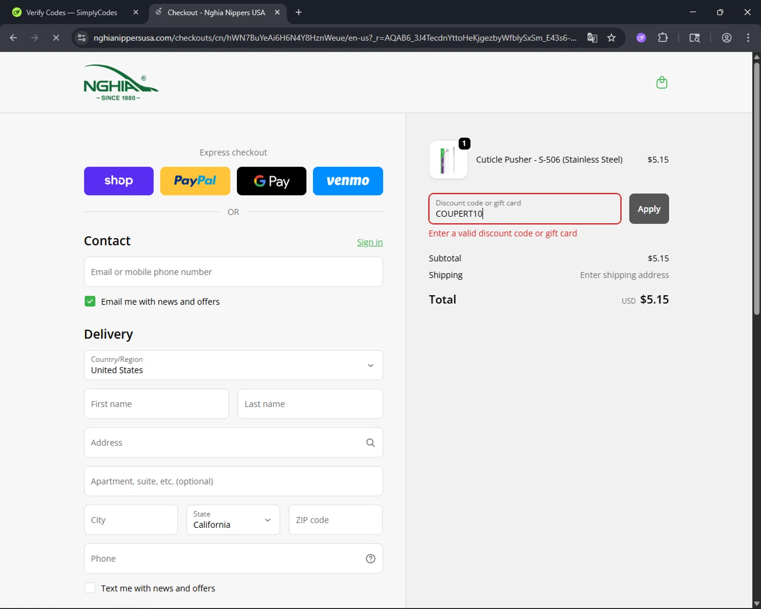 Nghia Nippers USA promo code screenshot showing code COUPERT10 applied at Nghia Nippers USA checkout page. Uploaded by SimplyCodes community member CleverFinder9623 on Jan 3, 2026