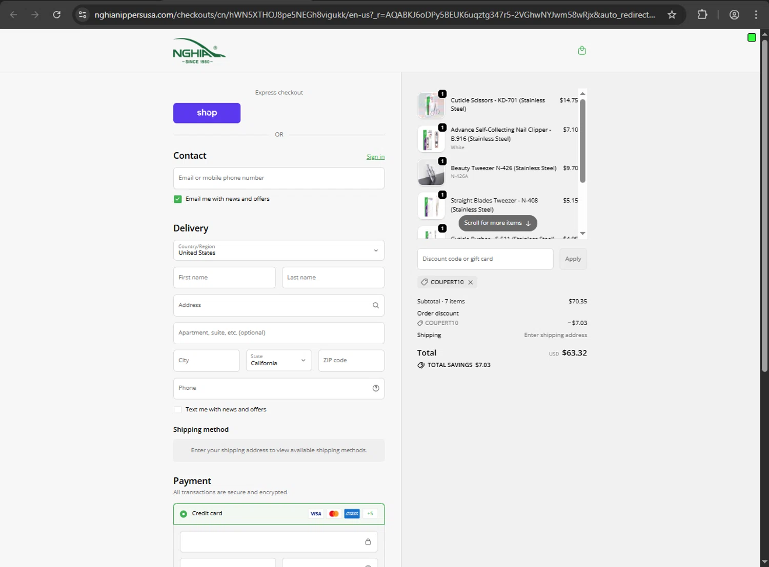 Nghia Nippers USA promo code screenshot showing code COUPERT10 applied at Nghia Nippers USA checkout page. Uploaded by SimplyCodes community member MRDEAL on Nov 21, 2025