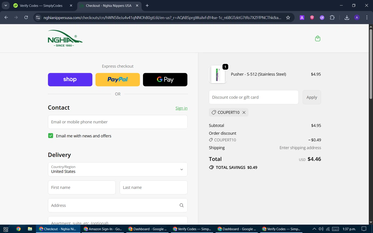 Nghia Nippers USA promo code screenshot showing code COUPERT10 applied at Nghia Nippers USA checkout page. Uploaded by SimplyCodes community member ThriftySentinel2853 on Nov 10, 2025