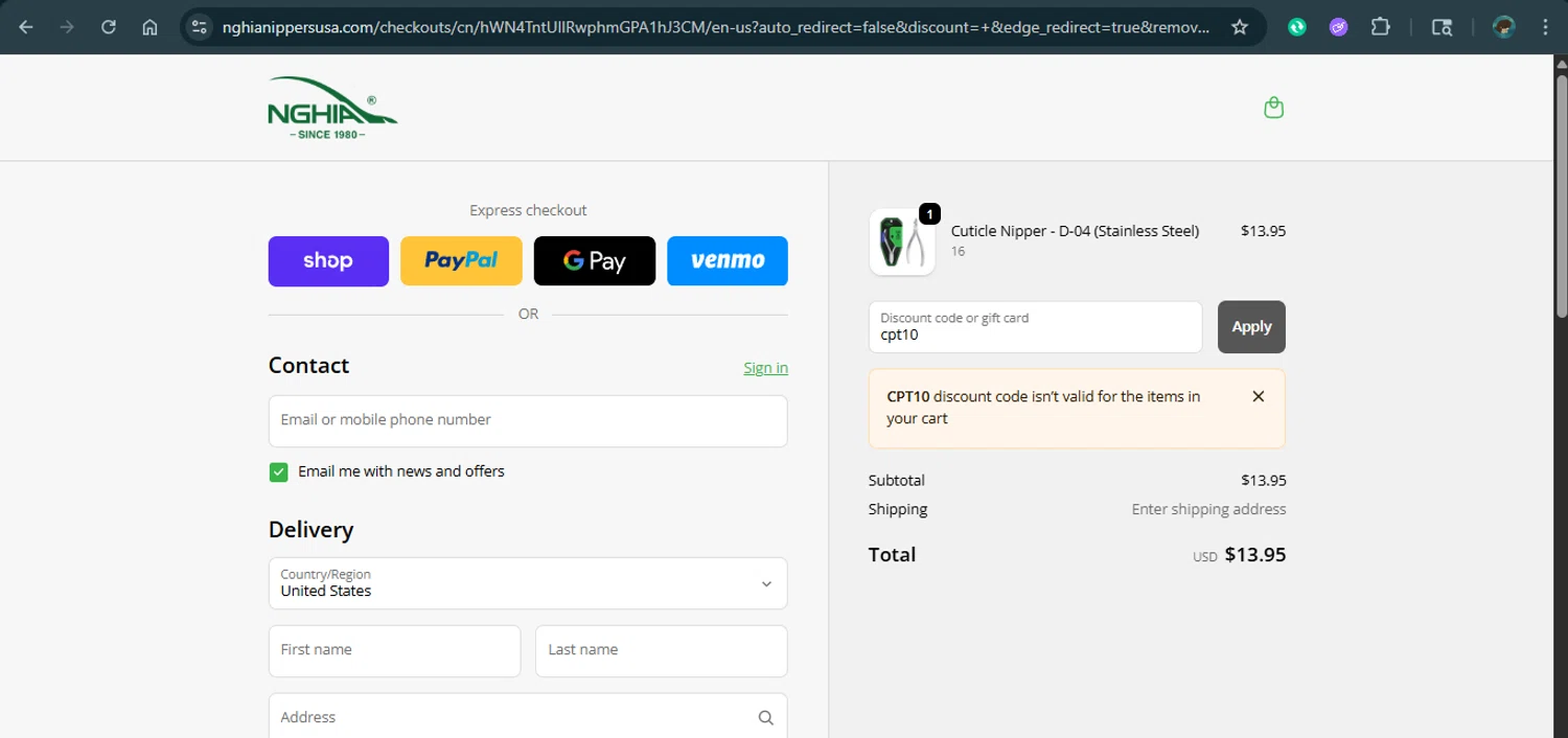 Nghia Nippers USA promo code screenshot showing code cpt10 applied at Nghia Nippers USA checkout page. Uploaded by SimplyCodes community member xAngel on Oct 24, 2025