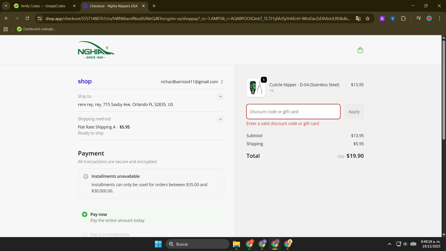 Nghia Nippers USA promo code screenshot showing code shock25 applied at Nghia Nippers USA checkout page. Uploaded by SimplyCodes community member FortunateElite9977 on Dec 19, 2025