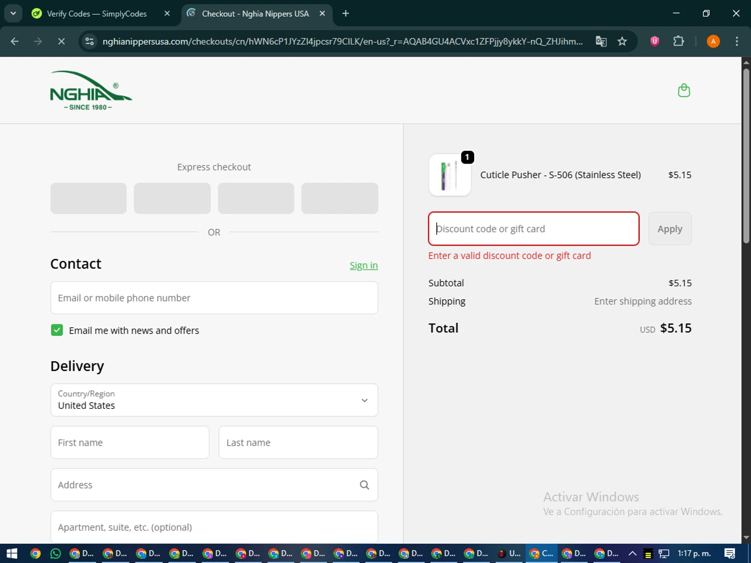 Nghia Nippers USA promo code screenshot showing code shock25 applied at Nghia Nippers USA checkout page. Uploaded by SimplyCodes community member MoneyPhoenix4664 on Dec 19, 2025