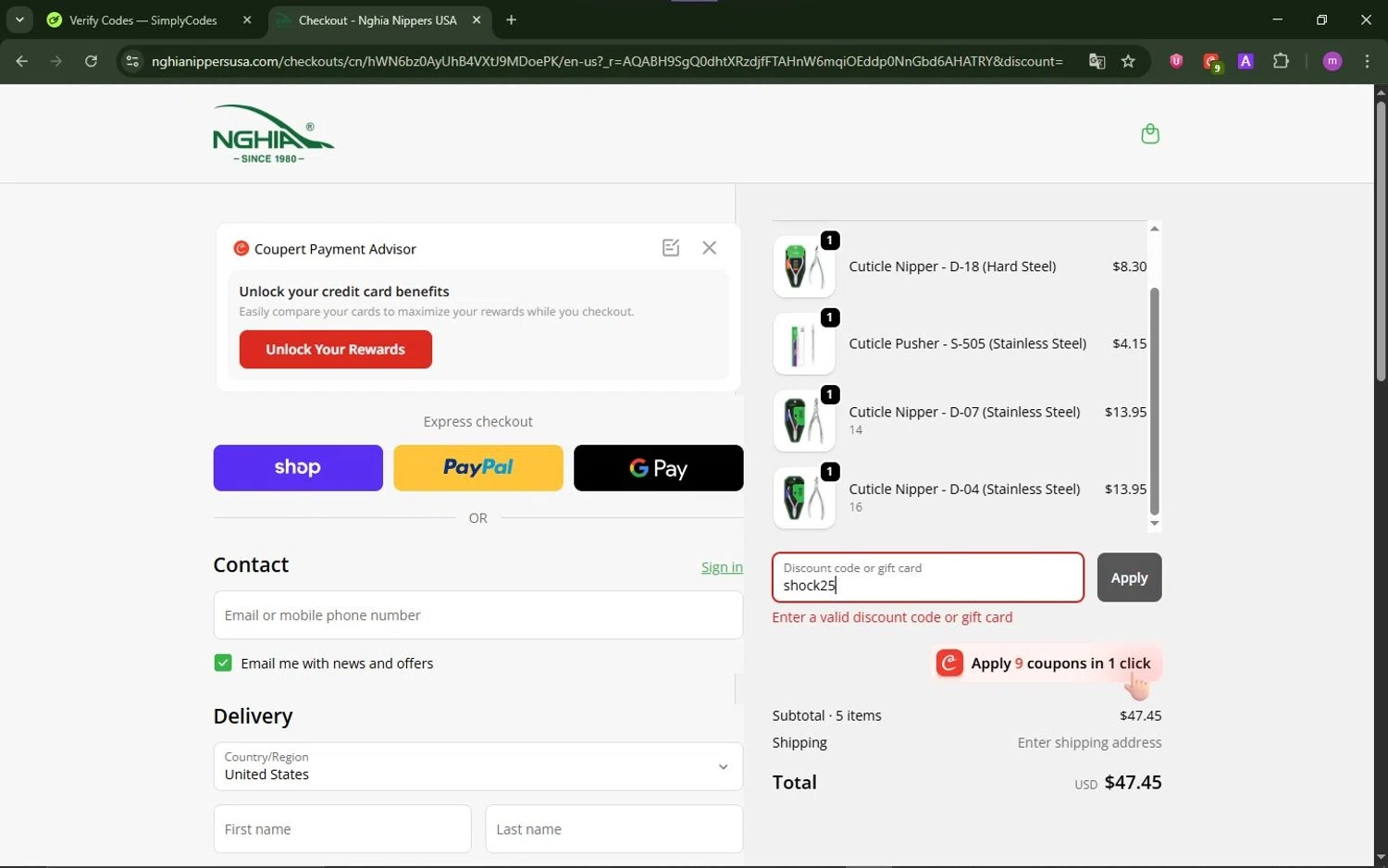 Nghia Nippers USA promo code screenshot showing code shock25 applied at Nghia Nippers USA checkout page. Uploaded by SimplyCodes community member TokenChaser4876 on Dec 19, 2025