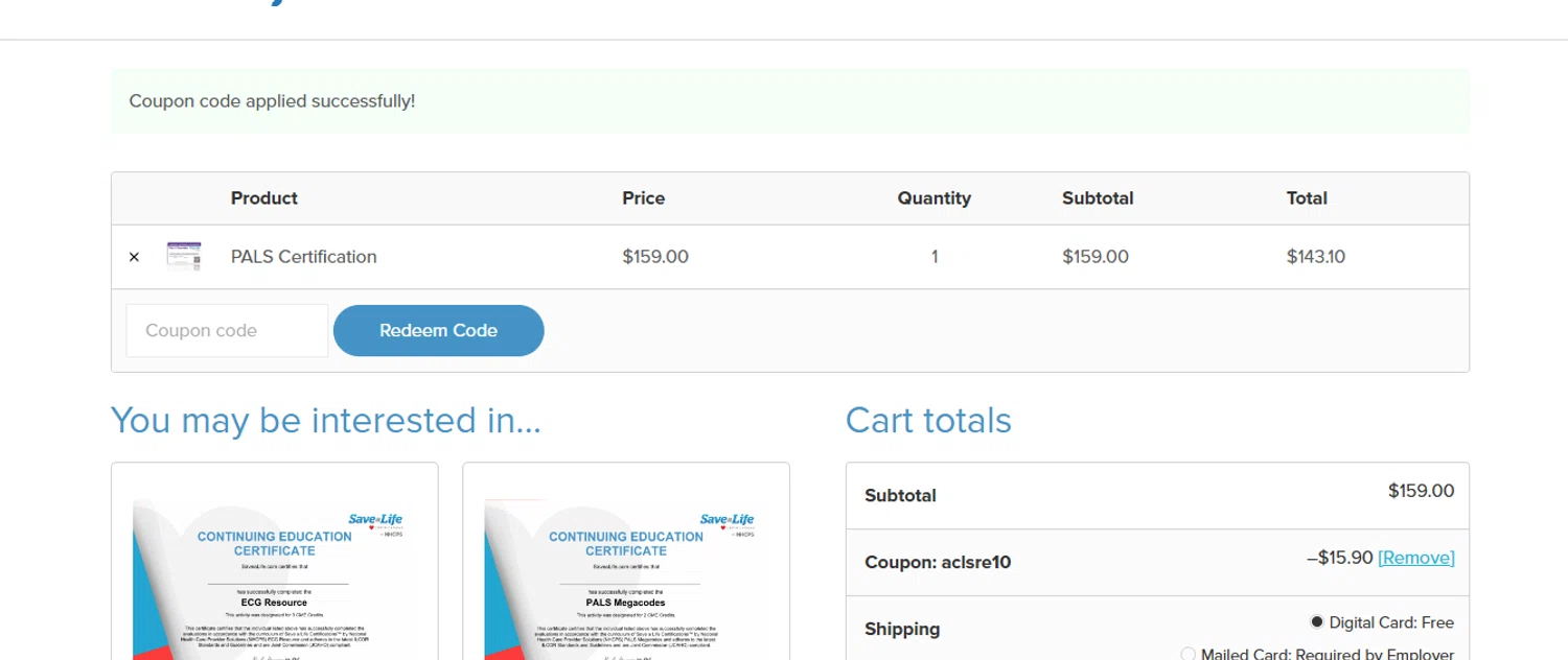 Nhcps.com discount code screenshot showing code ACLSRE10 applied at Nhcps.com checkout page. Uploaded by SimplyCodes community member paquitin29 on Jun 26, 2025