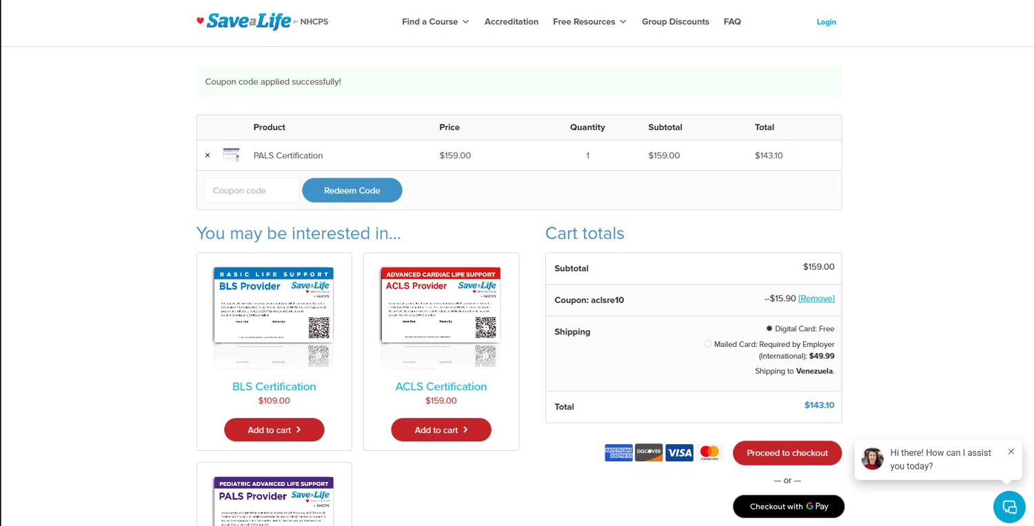 Nhcps.com discount code screenshot showing code ACLSRE10 applied at Nhcps.com checkout page. Uploaded by SimplyCodes community member WonderGuardian4443 on Apr 29, 2025