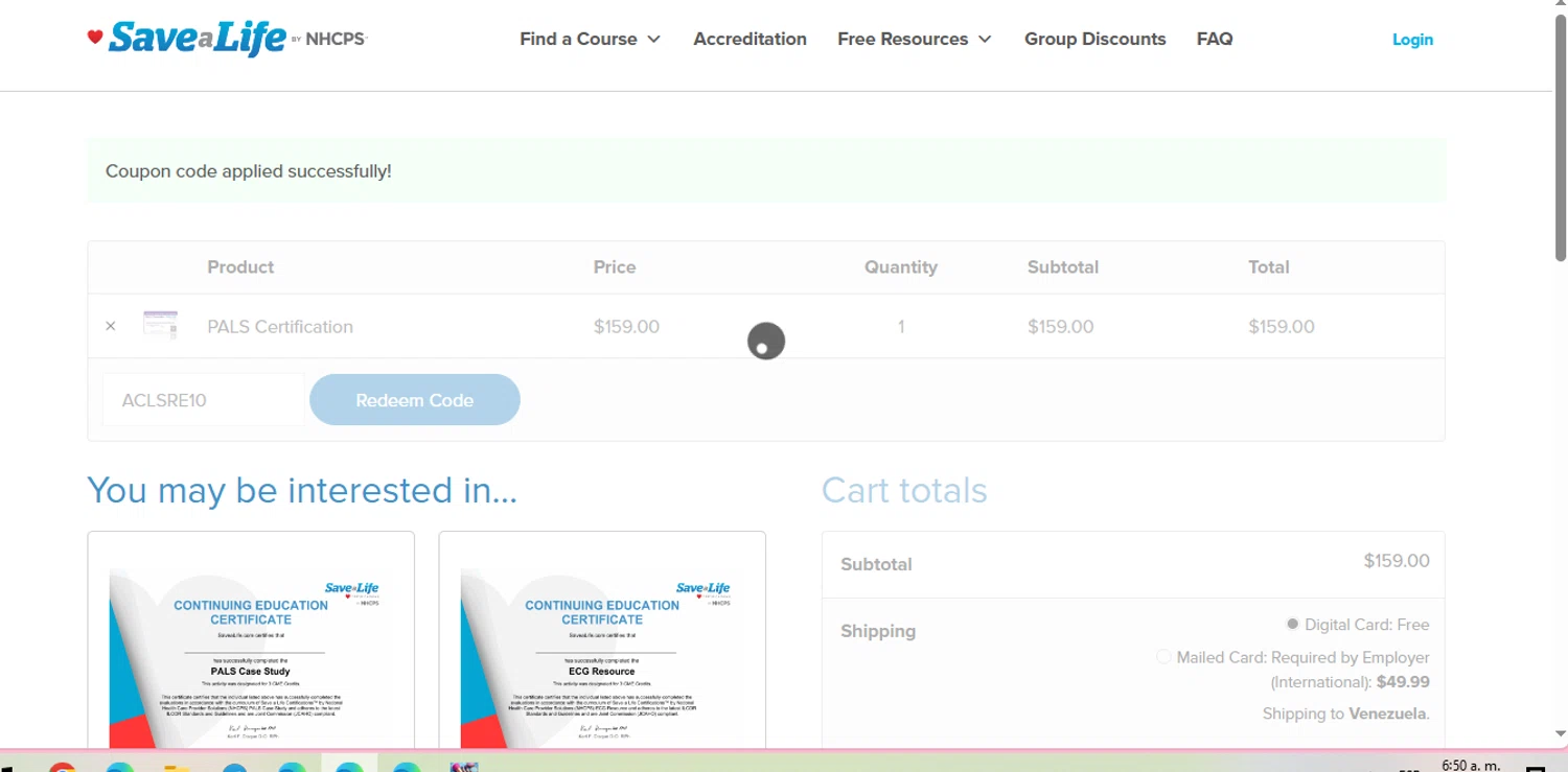 Nhcps.com discount code screenshot showing code ACLSRE10 applied at Nhcps.com checkout page. Uploaded by SimplyCodes community member negrita on May 28, 2025