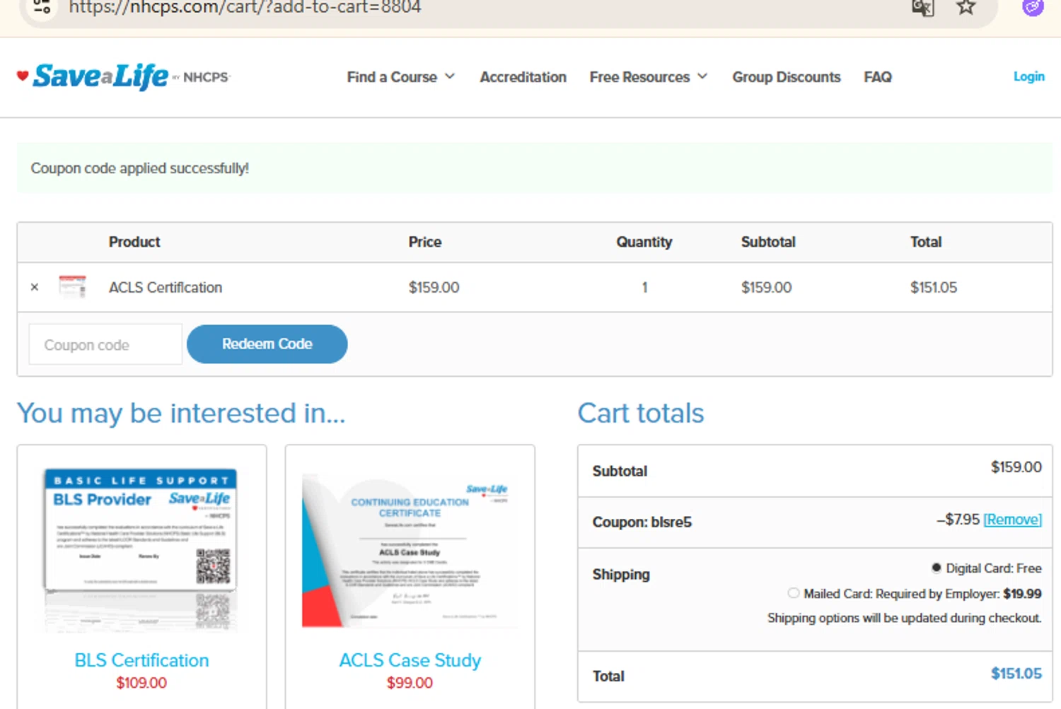 Nhcps.com discount code screenshot showing code blsre5 applied at Nhcps.com checkout page. Uploaded by SimplyCodes community member RewardFinder4836 on Jun 30, 2025