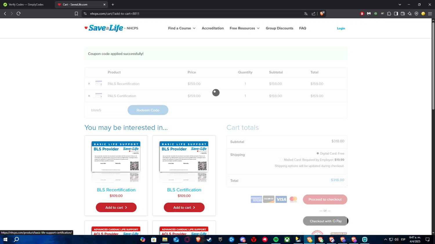 Nhcps.com discount code screenshot showing code blsre5 applied at Nhcps.com checkout page. Uploaded by SimplyCodes community member RickelHumilde on Apr 4, 2025