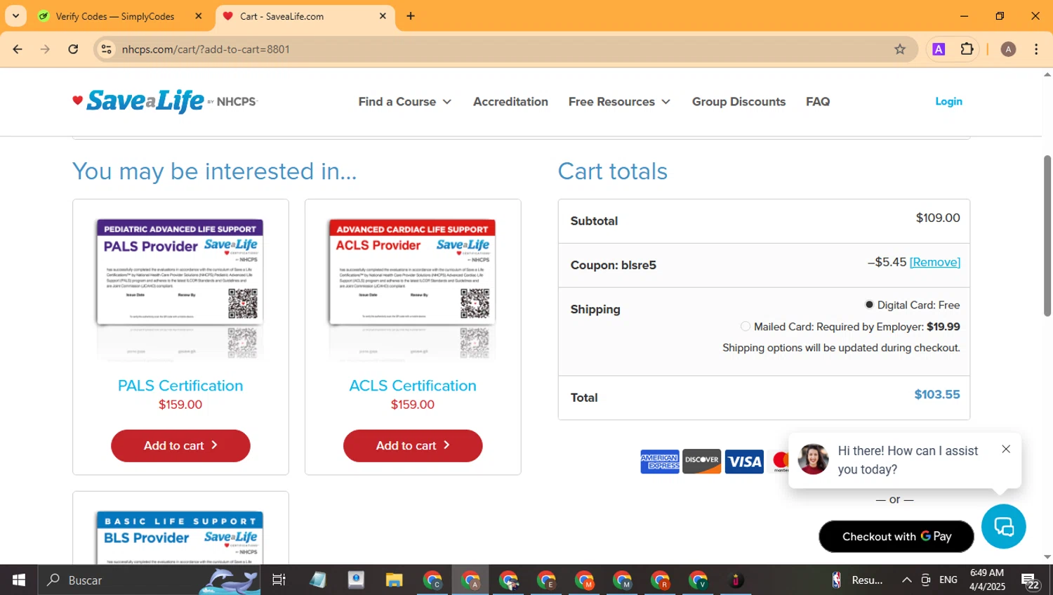 Nhcps.com discount code screenshot showing code blsre5 applied at Nhcps.com checkout page. Uploaded by SimplyCodes community member CoinHunter8661 on Apr 4, 2025