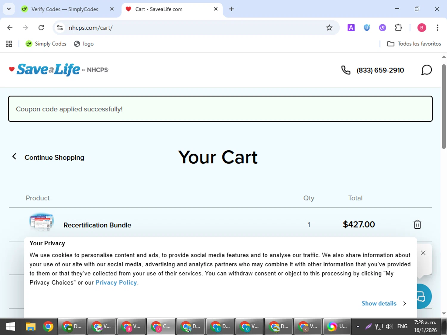 Nhcps.com checkout page showing Nhcps.com discount code box | Screenshot taken by SimplyCodes community member on Jan 16, 2026