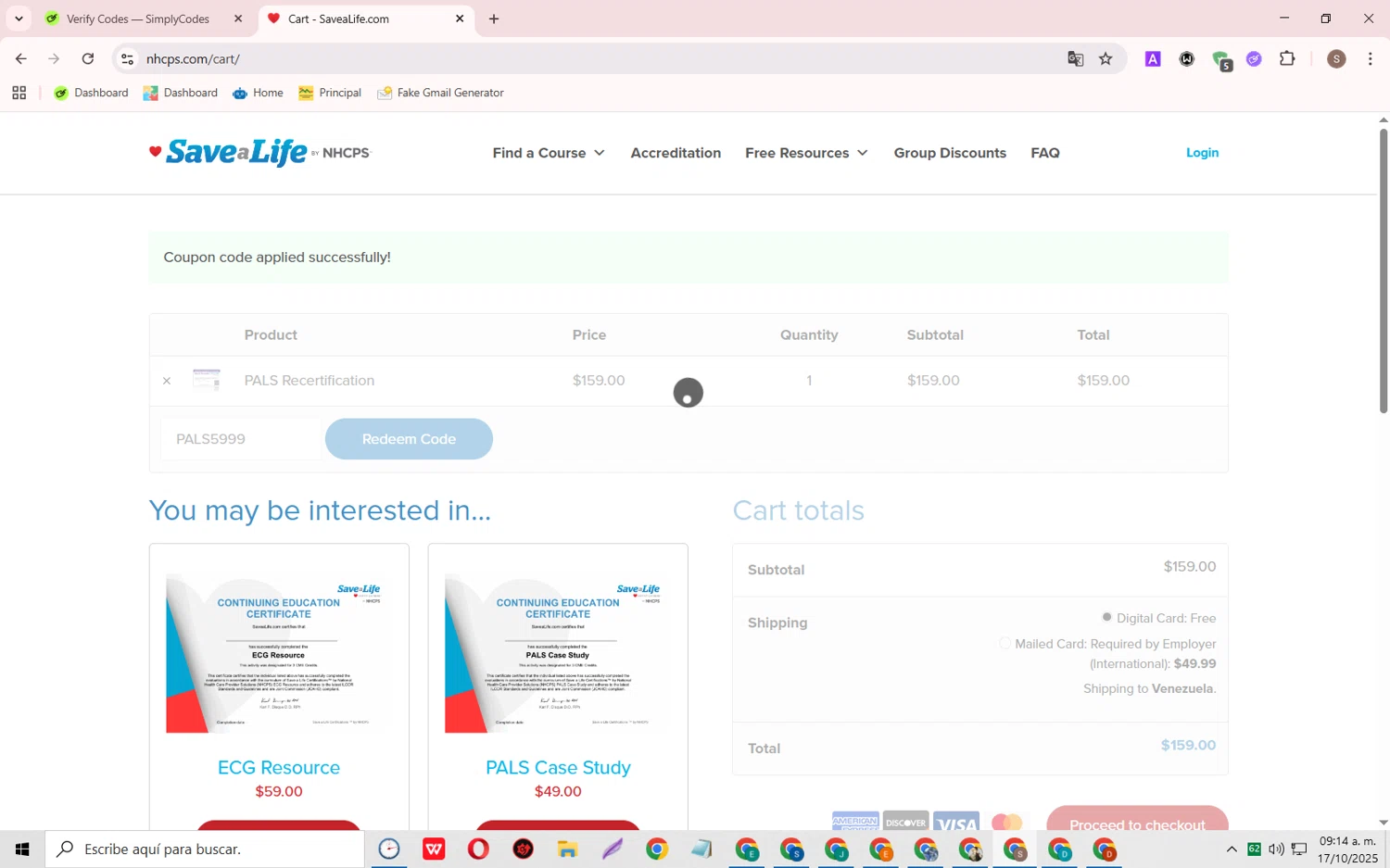 Nhcps.com discount code screenshot showing code PALS5999 applied at Nhcps.com checkout page. Uploaded by SimplyCodes community member TreasurePioneer6575 on Oct 17, 2025