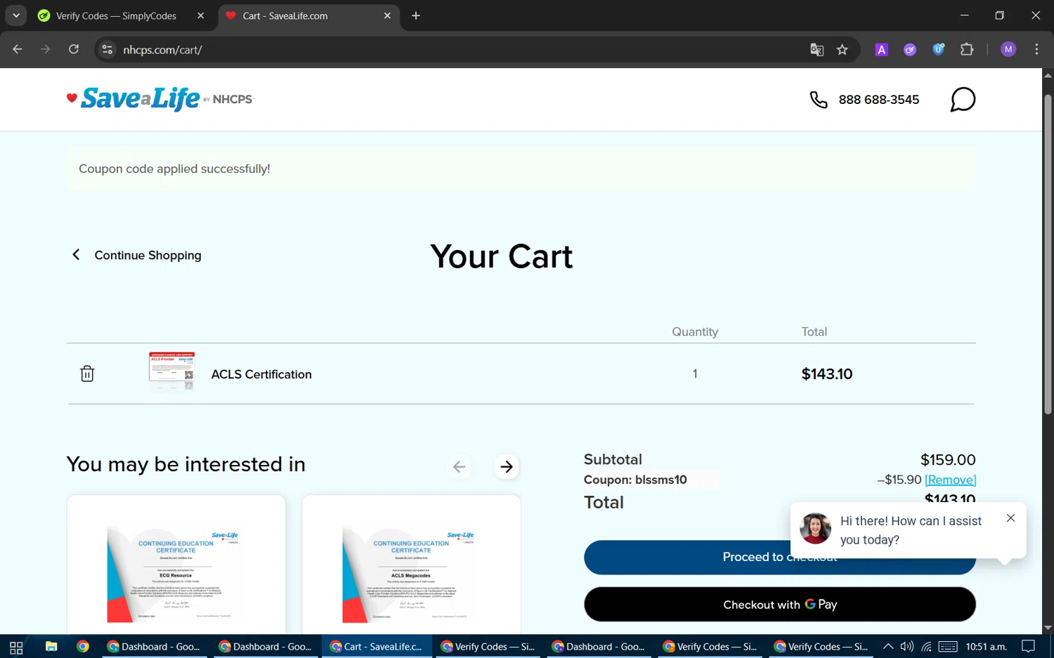 Nhcps.com discount code screenshot showing code BLSsms10 applied at Nhcps.com checkout page. Uploaded by SimplyCodes community member VoucherScout6115 on Oct 17, 2025