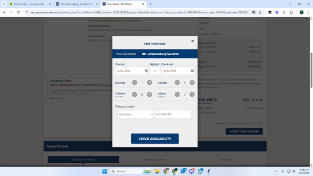NH Hotels checkout page showing NH Hotels promo code box | Screenshot taken by SimplyCodes community member on Jul 10, 2025