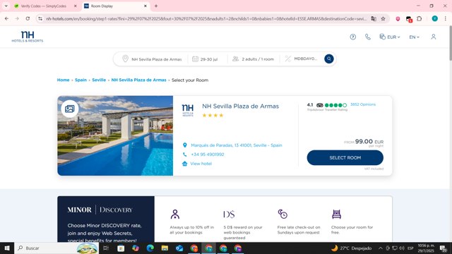 NH Hotels checkout page showing NH Hotels promo code box | Screenshot taken by SimplyCodes community member on Jul 30, 2025