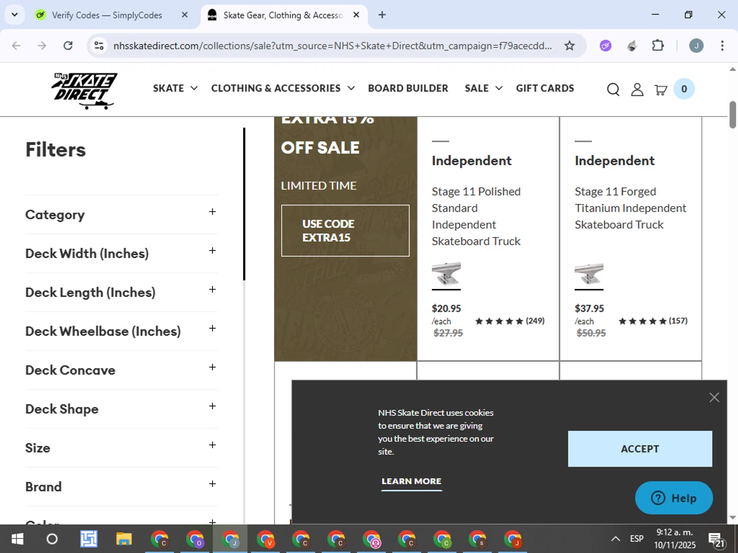 NHS Skate Direct discount code screenshot showing code EXTRA15 applied at NHS Skate Direct checkout page. Uploaded by SimplyCodes community member ValueTracker8384 on Nov 10, 2025