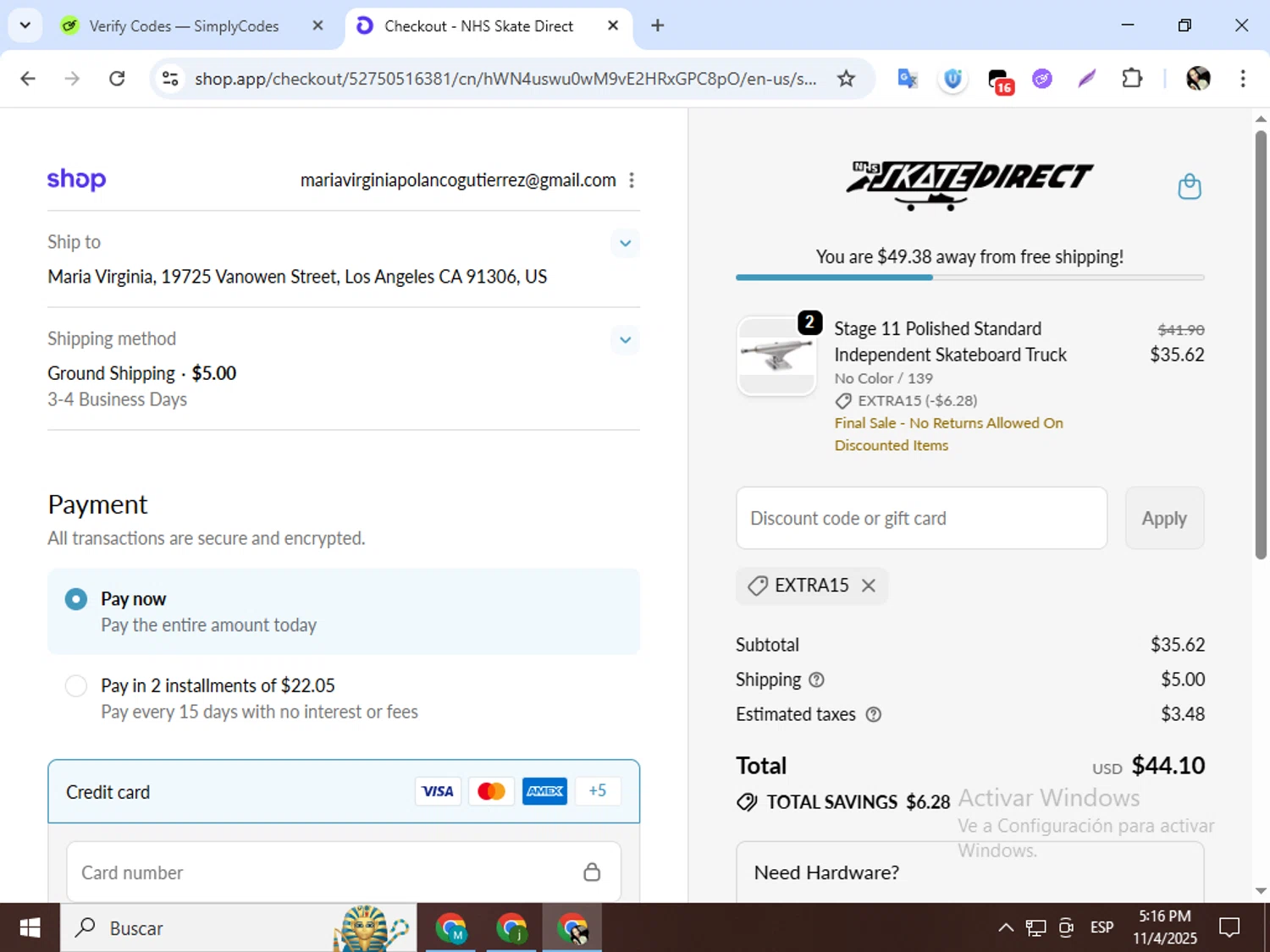 NHS Skate Direct discount code screenshot showing code EXTRA15 applied at NHS Skate Direct checkout page. Uploaded by SimplyCodes community member mariapolancog on Nov 4, 2025