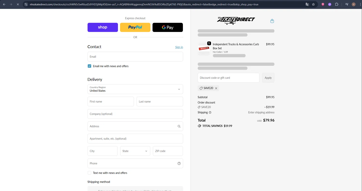 NHS Skate Direct checkout page showing NHS Skate Direct discount code box | Screenshot taken by SimplyCodes community member on Nov 29, 2025