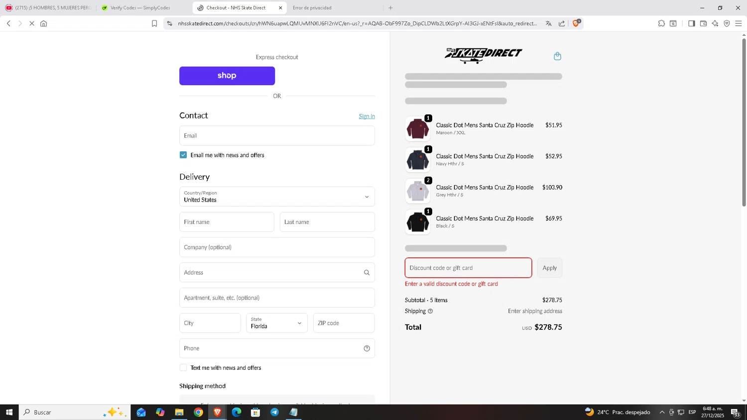 NHS Skate Direct discount code screenshot showing code stoked applied at NHS Skate Direct checkout page. Uploaded by SimplyCodes community member Carloscoder_900457733 on Dec 27, 2025