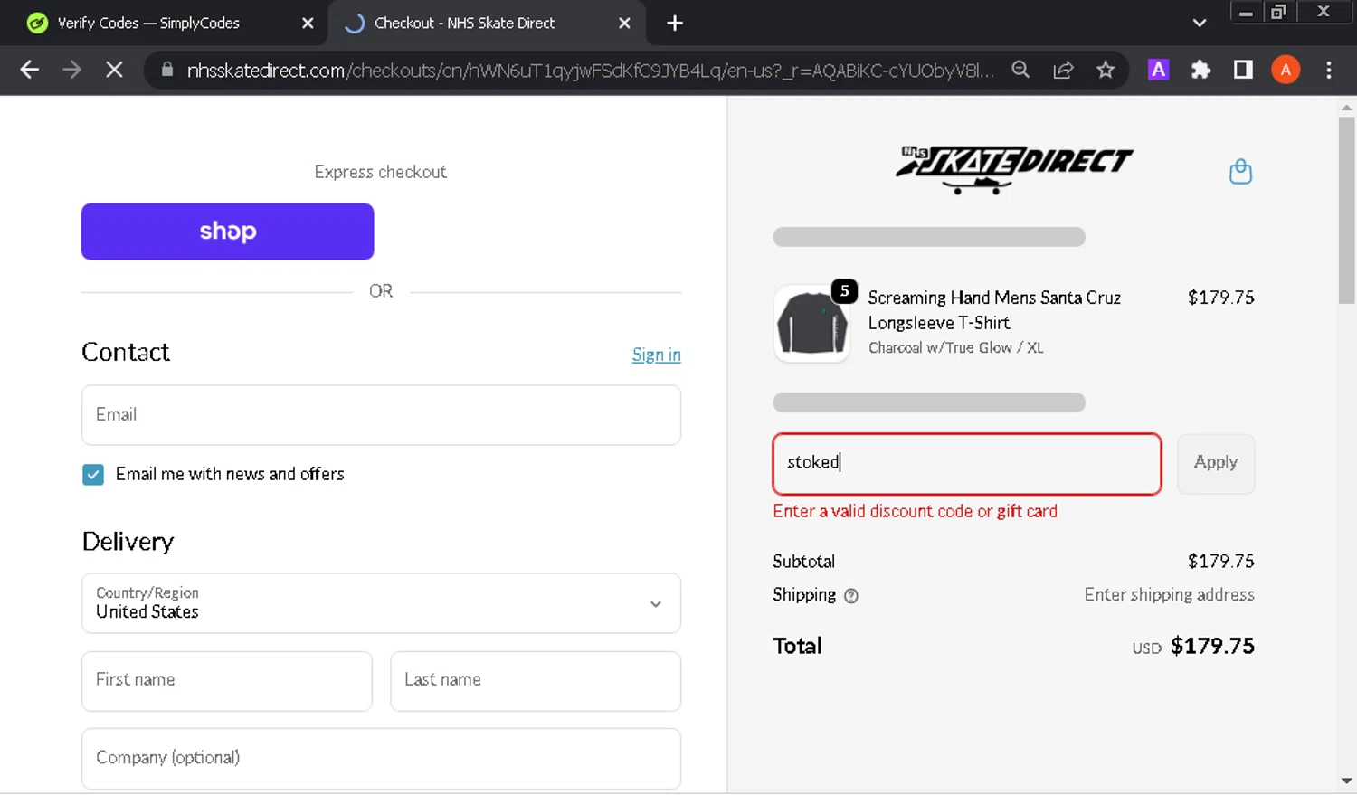 NHS Skate Direct discount code screenshot showing code stoked applied at NHS Skate Direct checkout page. Uploaded by SimplyCodes community member GloriousOwl8819 on Dec 27, 2025