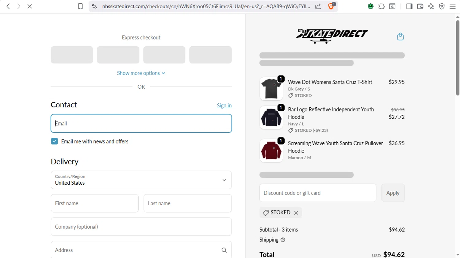NHS Skate Direct checkout page showing NHS Skate Direct discount code box | Screenshot taken by SimplyCodes community member on Dec 17, 2025