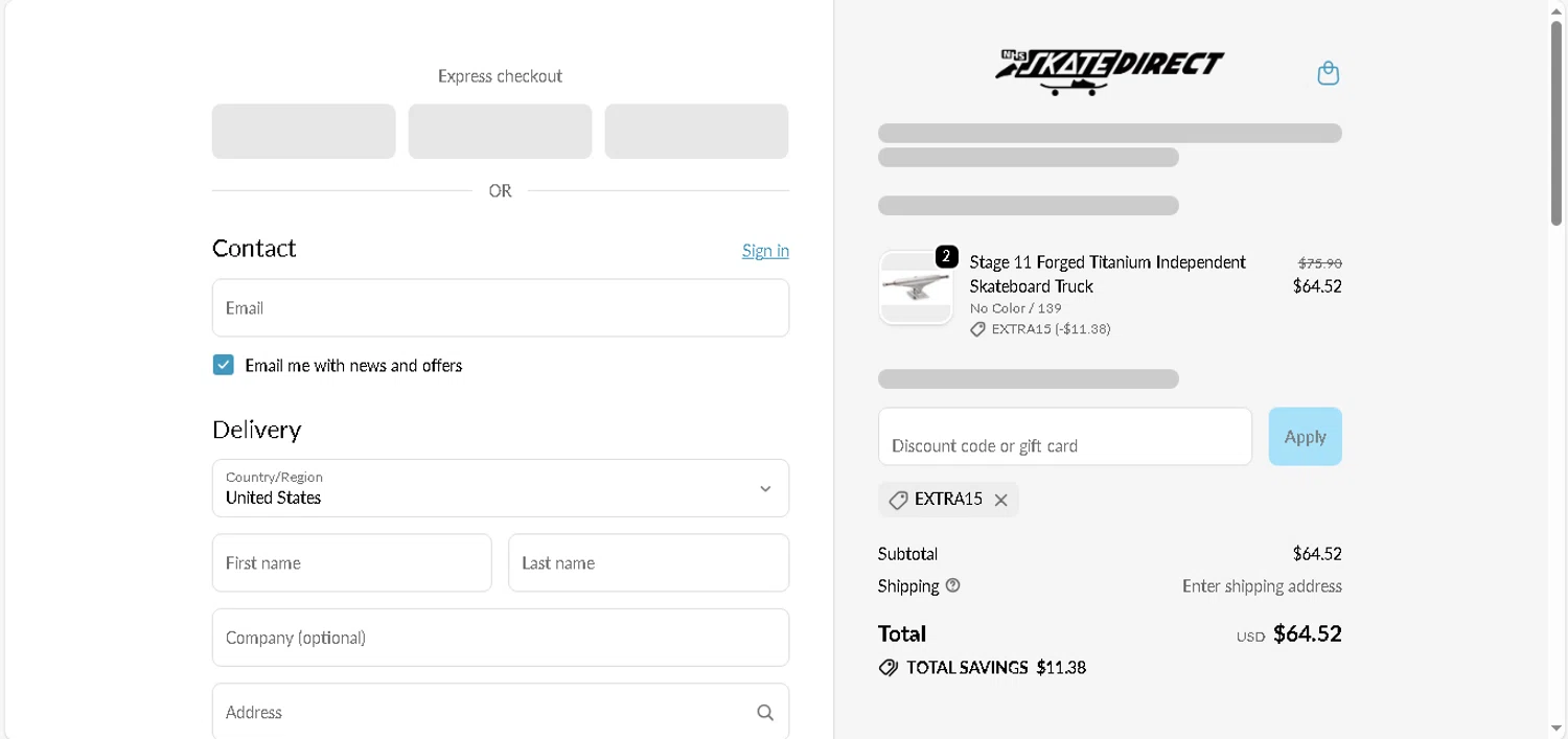 NHS Skate Direct discount code screenshot showing code extra15 applied at NHS Skate Direct checkout page. Uploaded by SimplyCodes community member shark12 on Dec 26, 2025