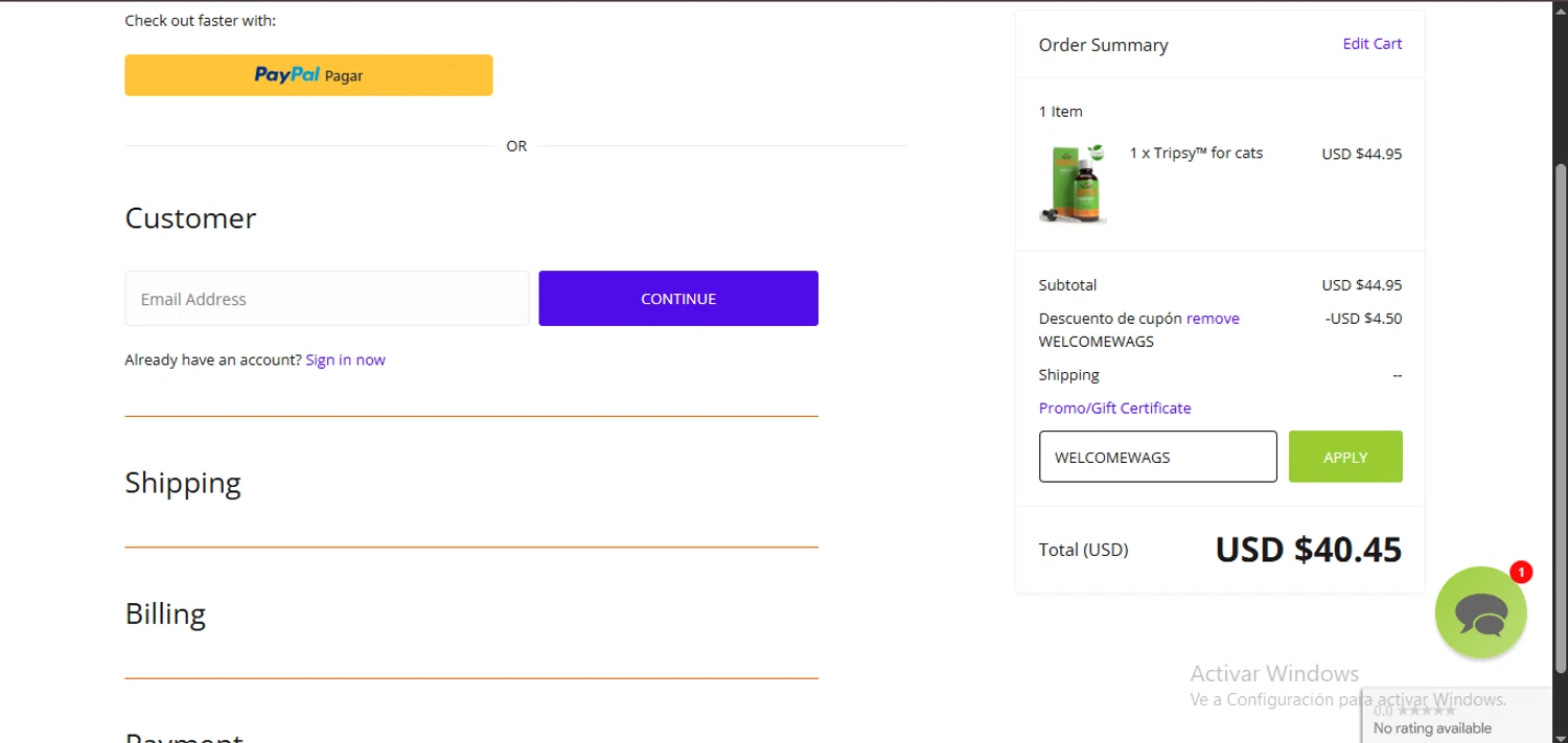 NHV Natural Pet Products promo code screenshot showing code WELCOMEWAGS applied at NHV Natural Pet Products checkout page. Uploaded by SimplyCodes community member TreasureHero9595 on May 10, 2025