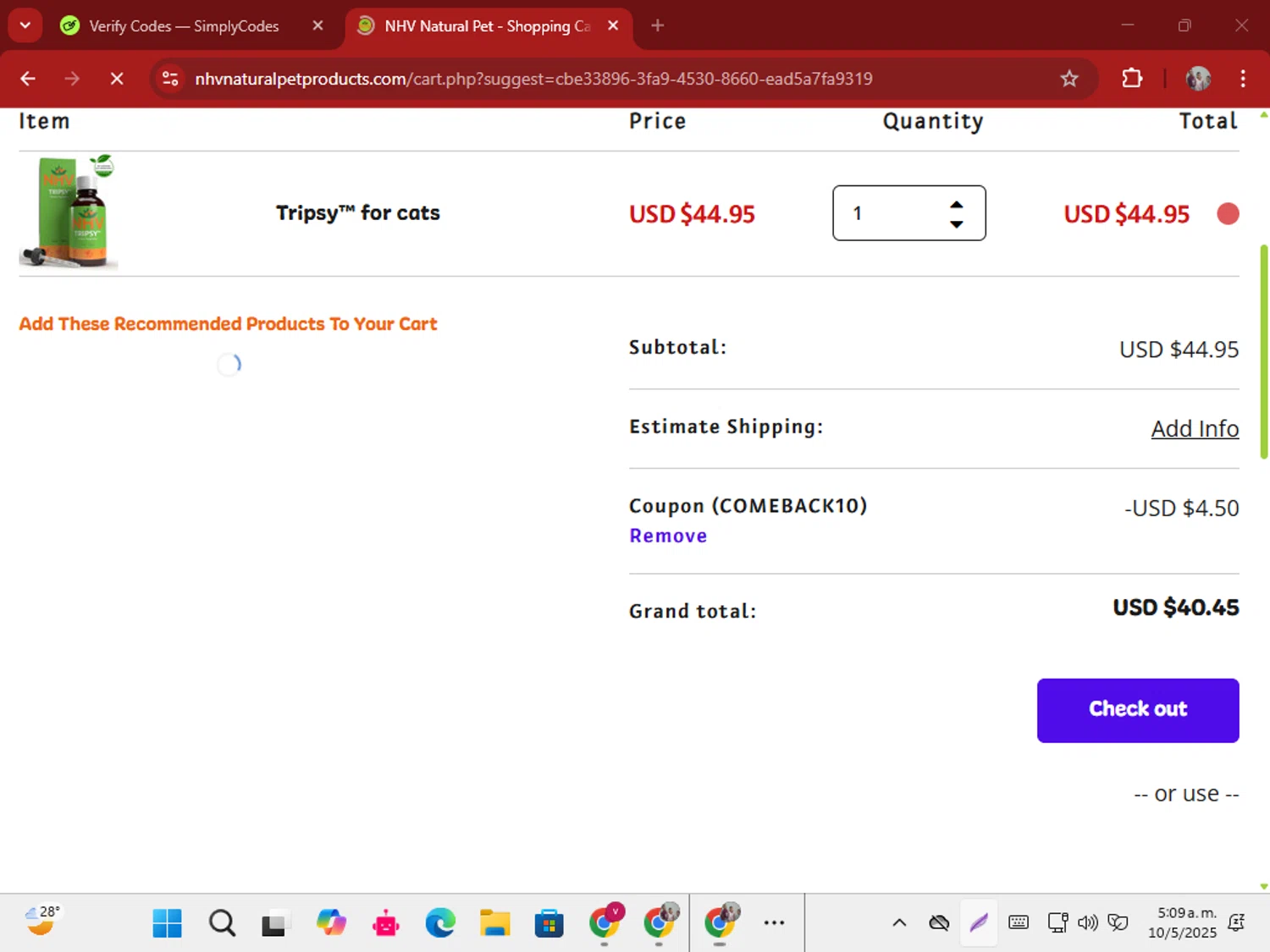 NHV Natural Pet Products promo code screenshot showing code COMEBACK10 applied at NHV Natural Pet Products checkout page. Uploaded by SimplyCodes community member ShrewdSeeker5445 on May 10, 2025