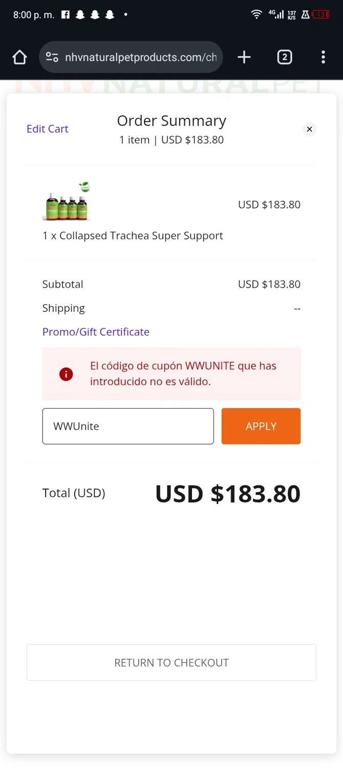 NHV Natural Pet Products promo code screenshot showing code WWUnite applied at NHV Natural Pet Products checkout page. Uploaded by SimplyCodes community member JandryV on Dec 22, 2025