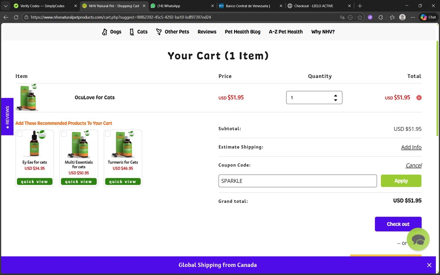 NHV Natural Pet Products promo code screenshot showing code SPARKLE applied at NHV Natural Pet Products checkout page. Uploaded by SimplyCodes community member juanx1702 on Jan 23, 2026