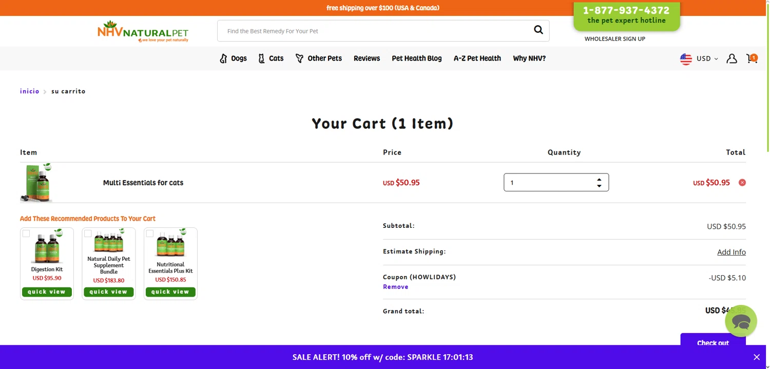 NHV Natural Pet Products promo code screenshot showing code HOWLIDAYS applied at NHV Natural Pet Products checkout page. Uploaded by SimplyCodes community member Dorothy on Dec 26, 2025