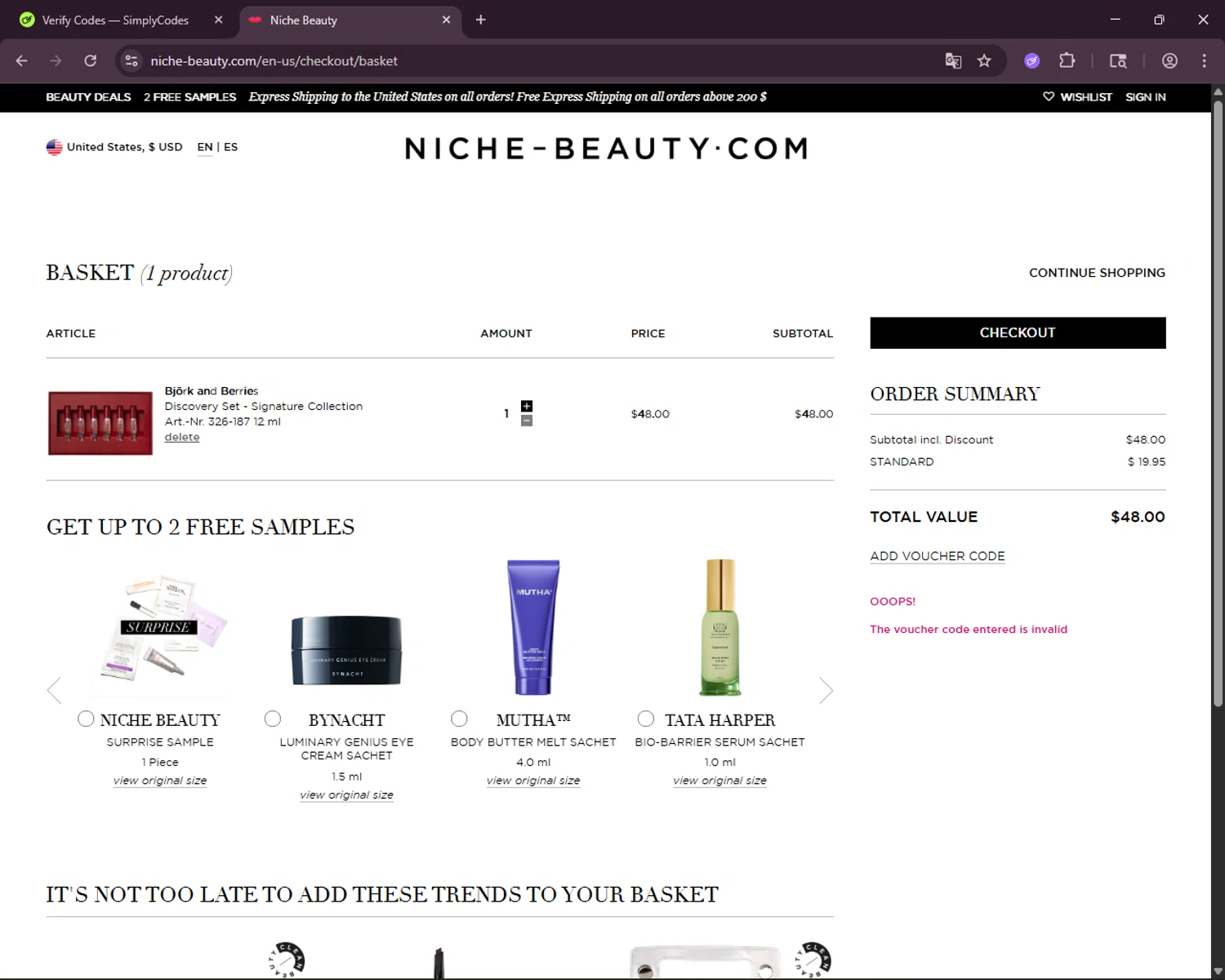 Niche - Beauty.com discount code screenshot showing code XMAS20 applied at Niche - Beauty.com checkout page. Uploaded by SimplyCodes community member CoinHunter8661 on Dec 28, 2025