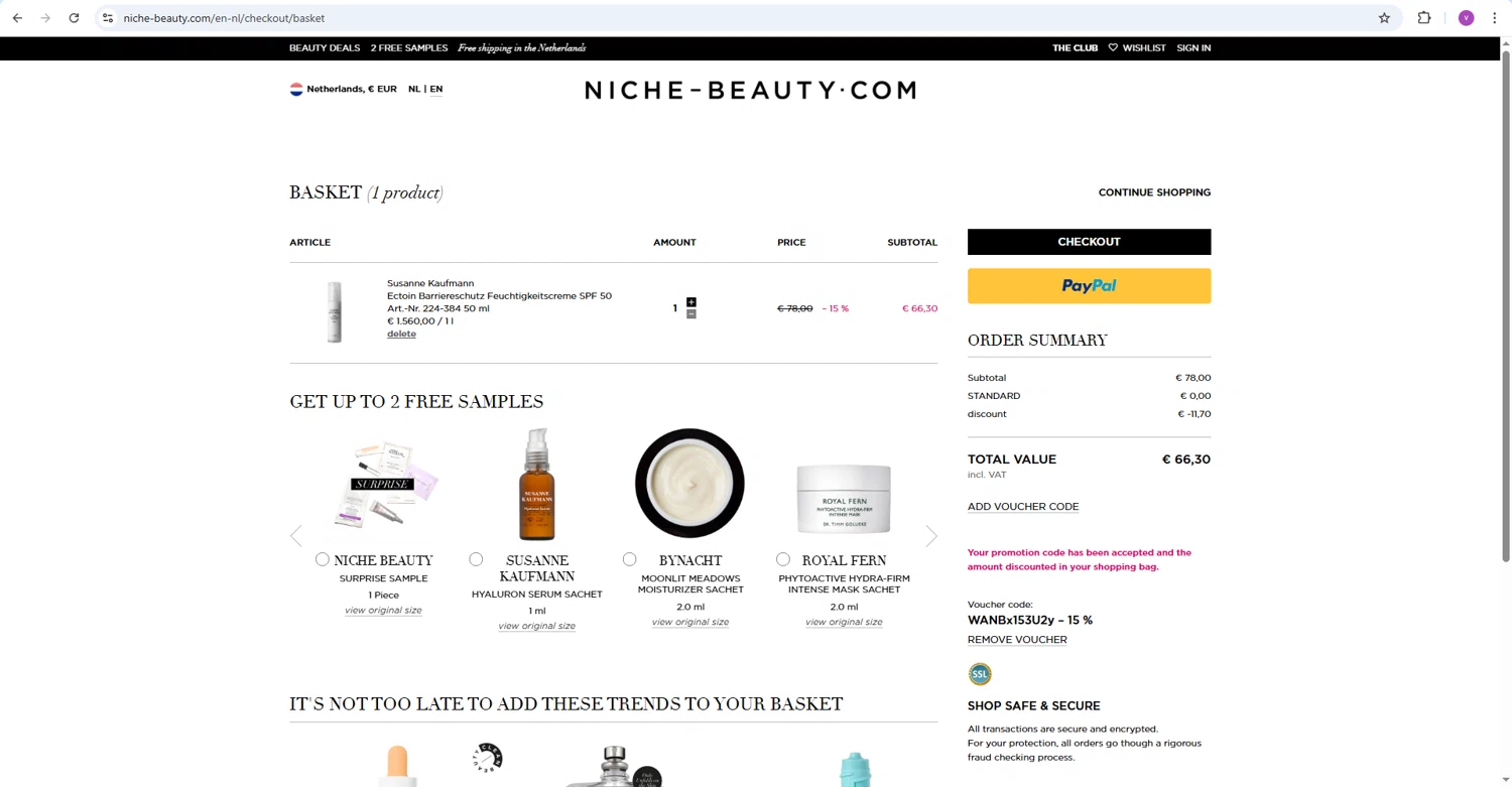 Niche - Beauty.com checkout page showing Niche - Beauty.com discount code box | Screenshot taken by SimplyCodes community member on Feb 11, 2026