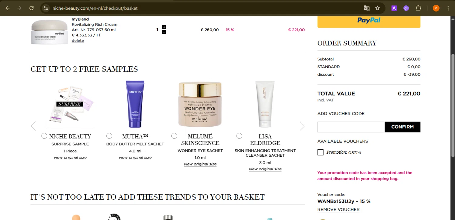 Niche - Beauty.com discount code screenshot showing code WANBx153U2y applied at Niche - Beauty.com checkout page. Uploaded by SimplyCodes community member NobleElite1598 on Aug 9, 2025