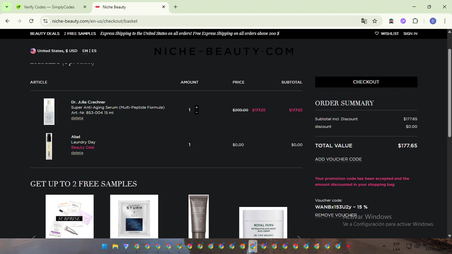 Niche - Beauty.com discount code screenshot showing code WANBx153U2y applied at Niche - Beauty.com checkout page. Uploaded by SimplyCodes community member VoucherTitan8325 on Oct 15, 2025
