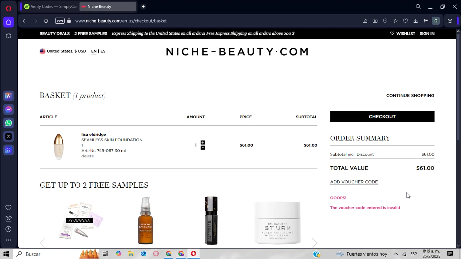 Niche - Beauty.com discount code screenshot showing code LOVE15 applied at Niche - Beauty.com checkout page. Uploaded by SimplyCodes community member CrownWizard8571 on Feb 25, 2025
