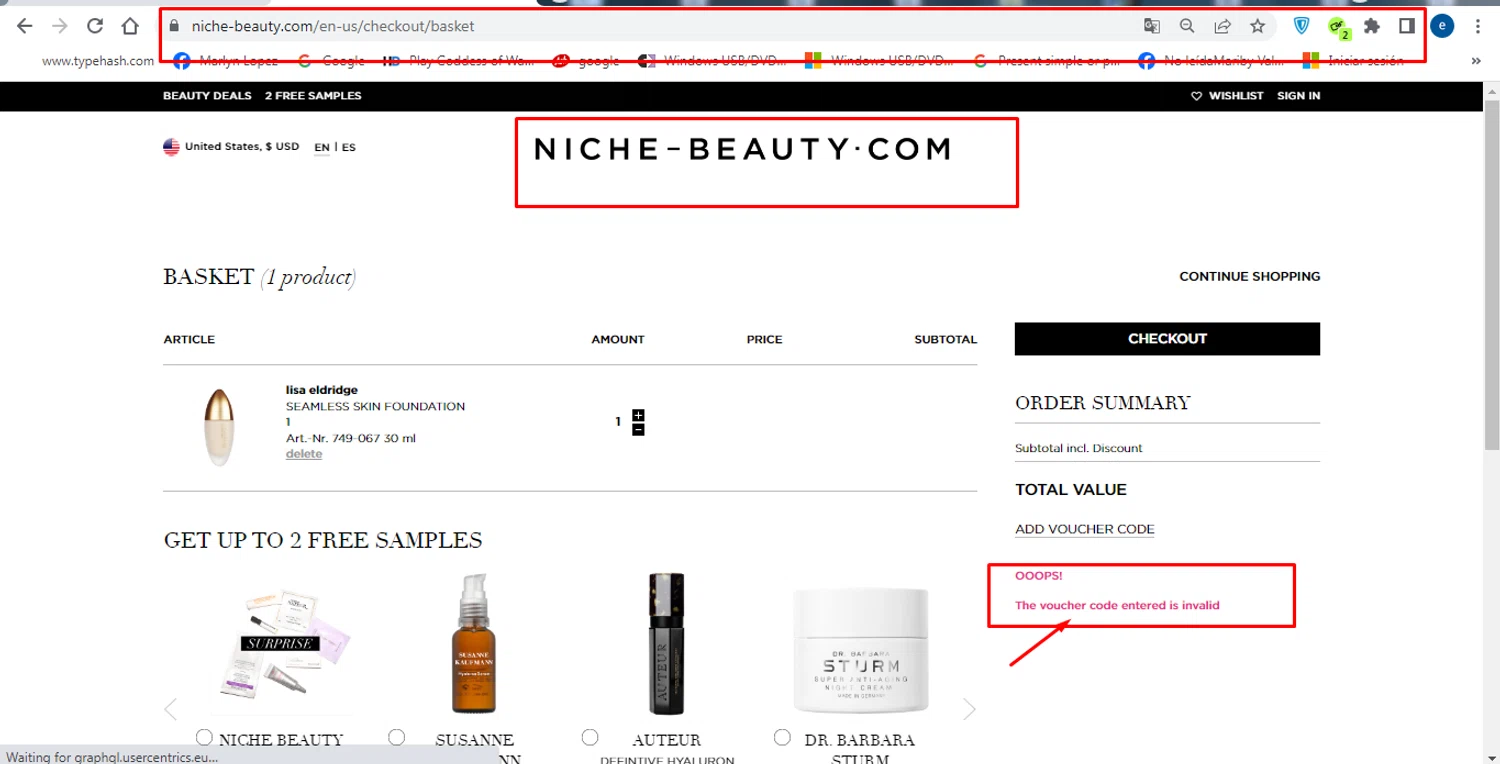 Niche - Beauty.com discount code screenshot showing code LOVE15 applied at Niche - Beauty.com checkout page. Uploaded by SimplyCodes community member victorchirino1 on Feb 25, 2025