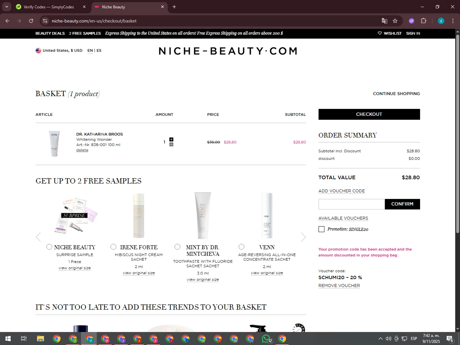 Niche - Beauty.com discount code screenshot showing code SCHUMI20 applied at Niche - Beauty.com checkout page. Uploaded by SimplyCodes community member GloriousTiger3507 on Nov 9, 2025