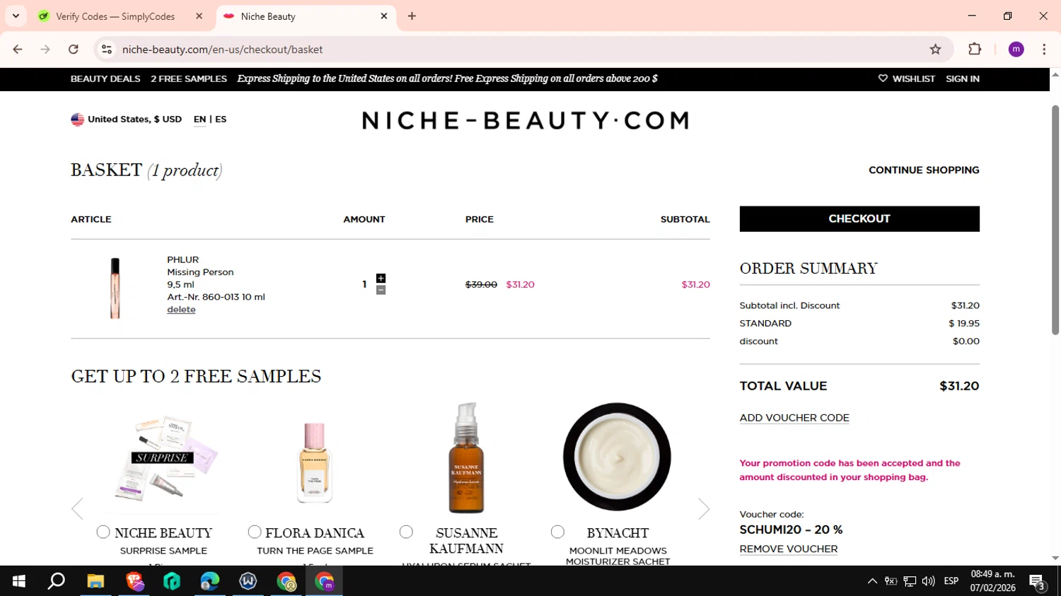 Niche - Beauty.com checkout page showing Niche - Beauty.com discount code box | Screenshot taken by SimplyCodes community member on Feb 7, 2026