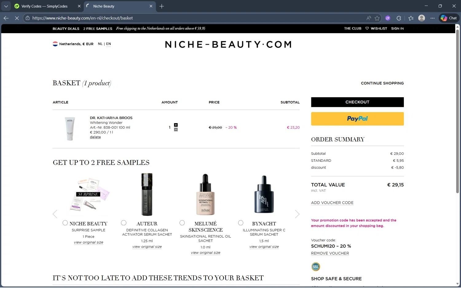 Niche - Beauty.com discount code screenshot showing code SCHUMI20 applied at Niche - Beauty.com checkout page. Uploaded by SimplyCodes community member frijolito on Dec 7, 2025