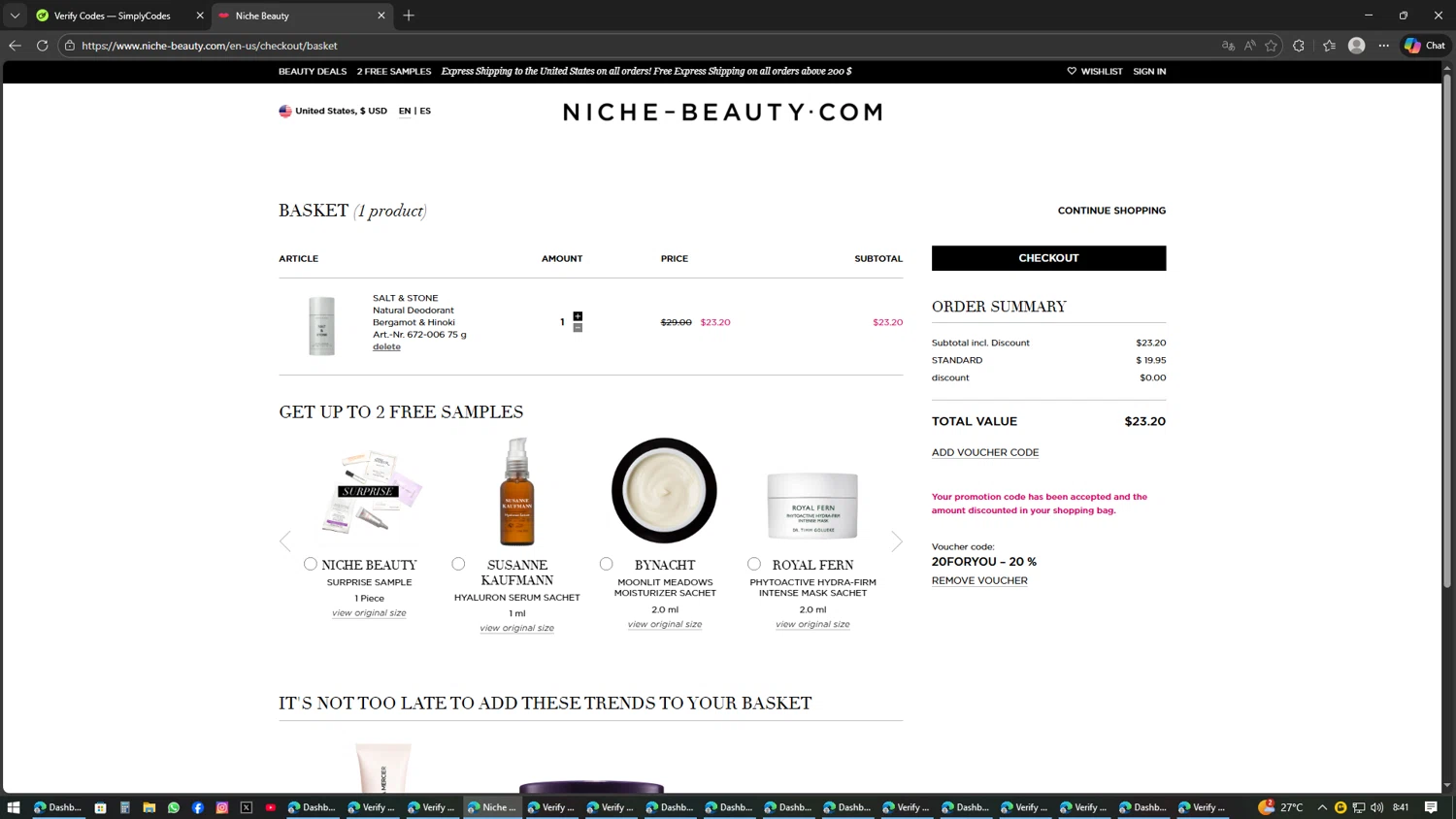 Niche - Beauty.com discount code screenshot showing code 20FORYOU applied at Niche - Beauty.com checkout page. Uploaded by SimplyCodes community member AVAMUSTANG on Feb 11, 2026