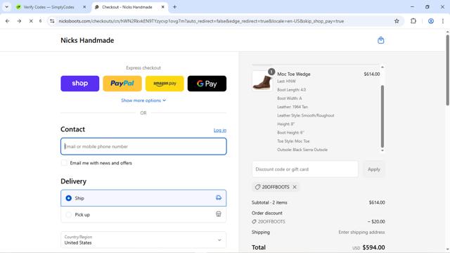 Nick's Handmade Boots checkout page showing Nick's Handmade Boots coupon code box | Screenshot taken by SimplyCodes community member on Aug 31, 2025
