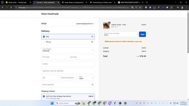 Nick's Handmade Boots checkout page showing Nick's Handmade Boots coupon code box | Screenshot taken by SimplyCodes community member on Aug 31, 2025