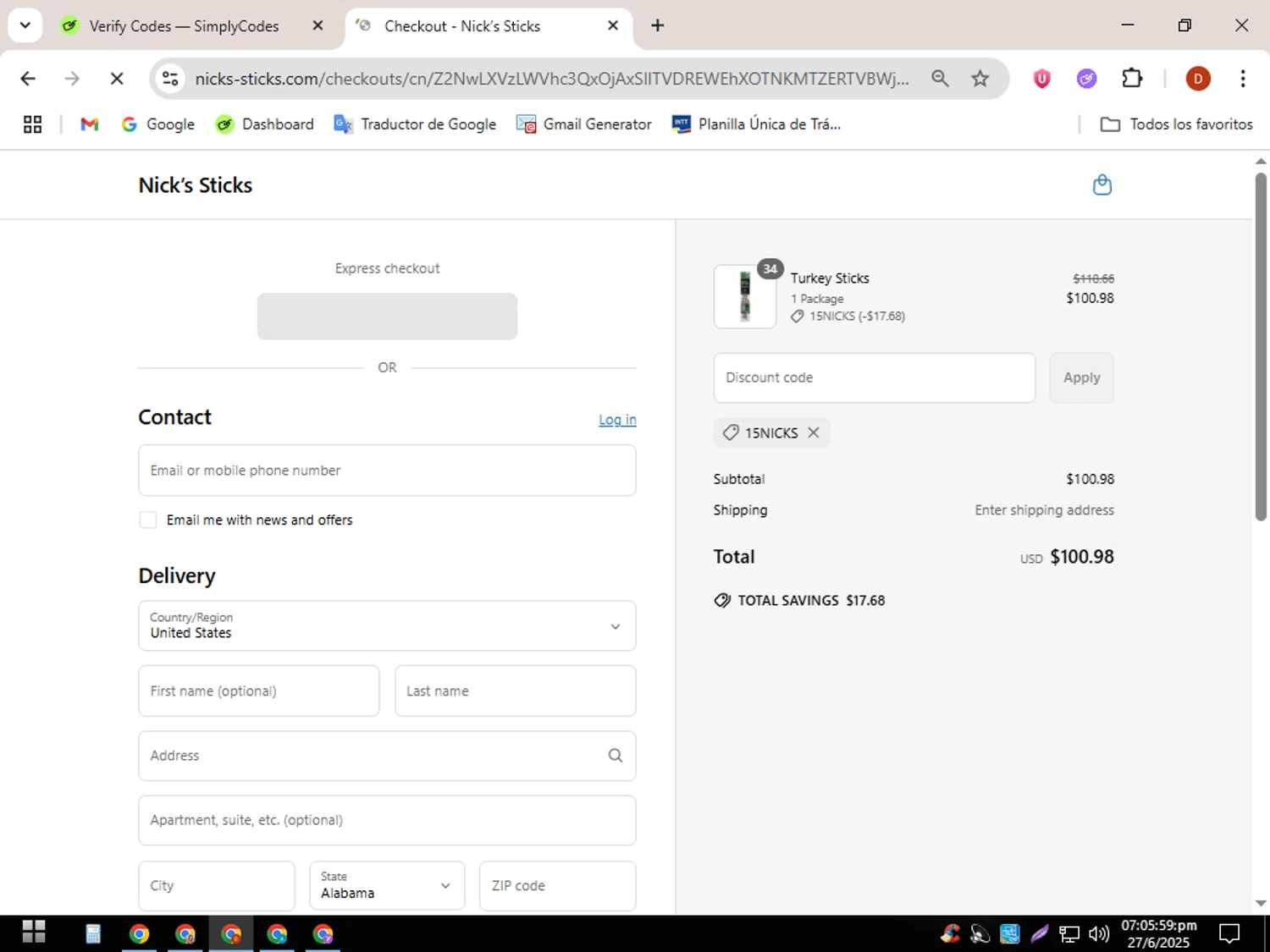 Nick's Sticks promo code screenshot showing code 15NICKS applied at Nick's Sticks checkout page. Uploaded by SimplyCodes community member GloriousDefender267 on Jun 27, 2025