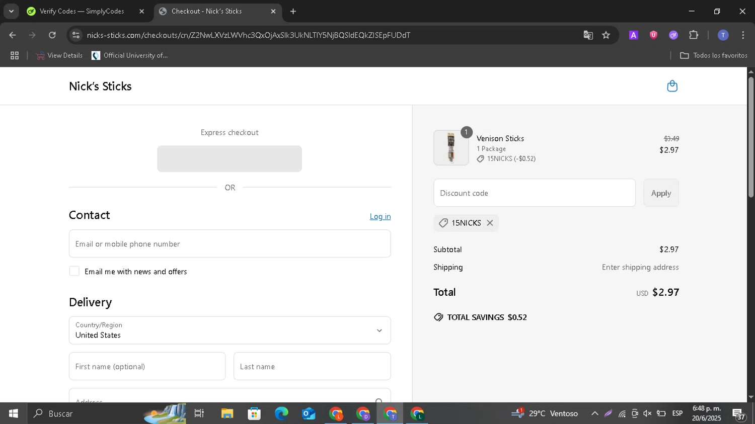 Nick's Sticks promo code screenshot showing code 15NICKS applied at Nick's Sticks checkout page. Uploaded by SimplyCodes community member ShrewdSaver8478 on Jun 20, 2025